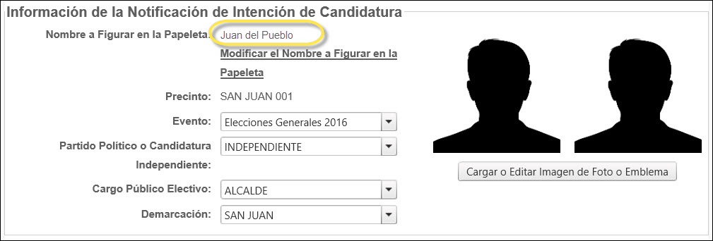 Nombre a Figurar en la Papeleta por Defecto