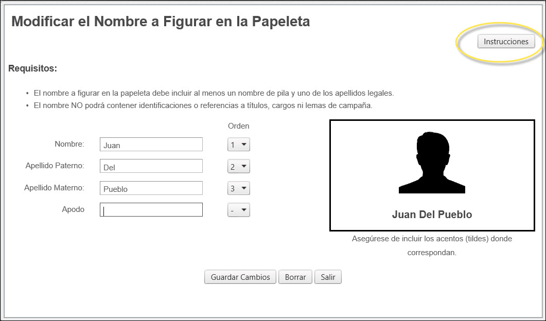 Instrucciones Nombre a Figurar en la Papeleta